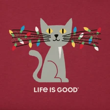 NWT Women's Life is Good Lit Up Cat Christmas Lights Cranberry  LS Crusher Tee