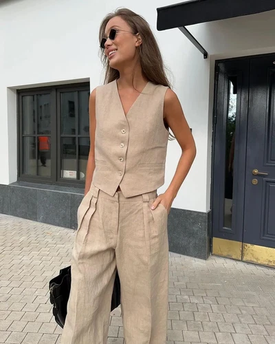 Women's Linen Cotton Vest and Pants Fashionable Summer Two-piece Set - Picture 12 of 25