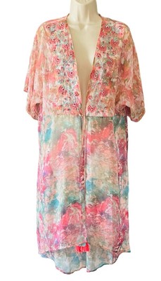 Soft Surroundings Kimono Topper Womens Large Coverup Beaded Floral Artsy Boho