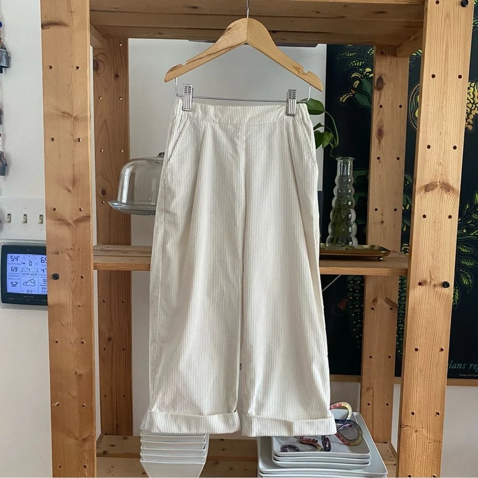 Brunello Cucinelli Kids Cream White Ribbed Wide Leg Corduroy Trousers Pants - Image 2 of 4