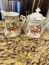 G. Wiegand Germany Gold Trim 4” Floral Creamer  And Sugar Bowl Vintage Antique