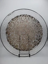 MCM Georges Briard Floral Silver Overlay Glass Round Bar Serving Tray Plate 14" 