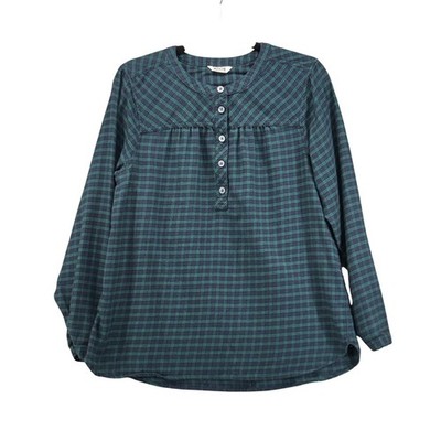 Duluth Trading Co Seawool Plaid Henley Top Green Blue Long Sleeve 3237-97