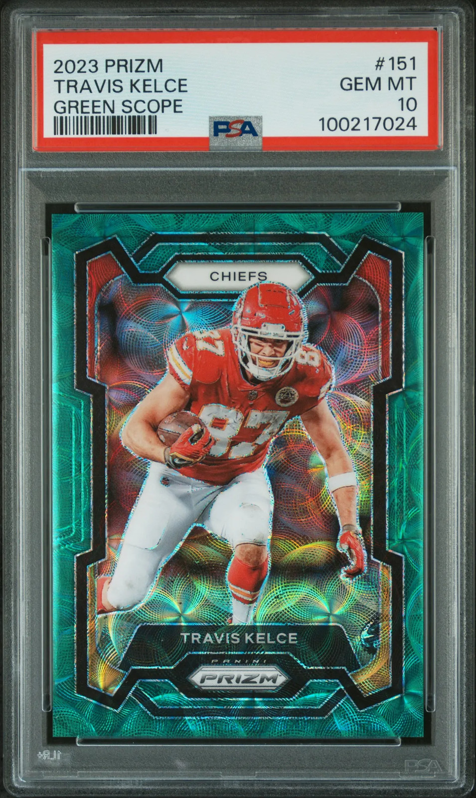 2023 Panini Prizm Travis Kelce #151 Green Scope PSA 10 POP 9 11/75