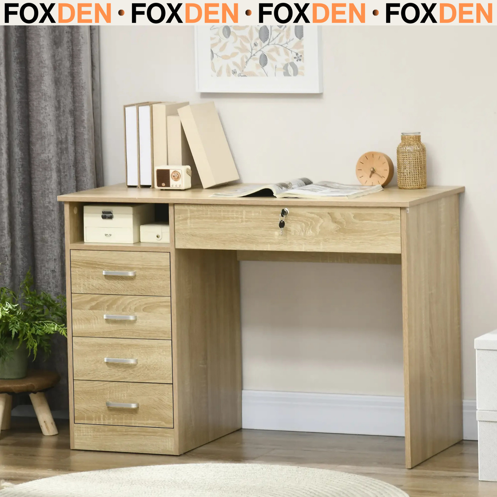 Computer Desk Writing Desk with Five Drawers for Home Office Oak - Image 6