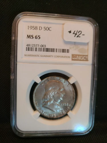 1958-D NGC MS65 FRANKLIN SILVER HALF DOLLAR *TONING*