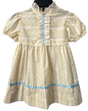 Vintage High Neck Easter Dress 3T Lace Ribbon Blue Ditsy Floral 80s Cotton Blend