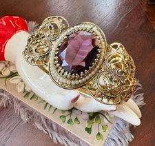 Victorian Revival Amethyst Glass Gold Tone Bangle Bracelet Faux Seed Pearls VTG