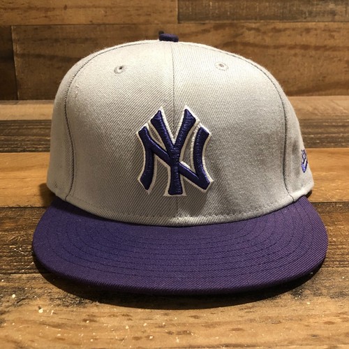 New York Yankees Hat Cap Mens Fitted 7 1/2 Gray Purple New Era MLB Baseball READ