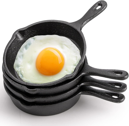 Hiceeden 4 Pack Mini Cast Iron Skillet, 4" Small Frying Pans with Double Drip-Sp