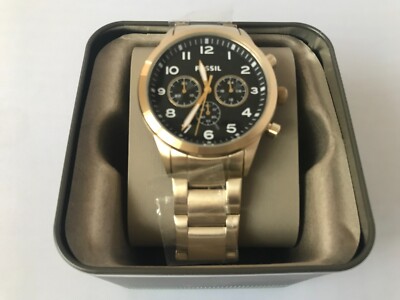 Fossil Flynn Pilot Watch Men 43mm Chronograph Gold Tone Black MSRP $155 