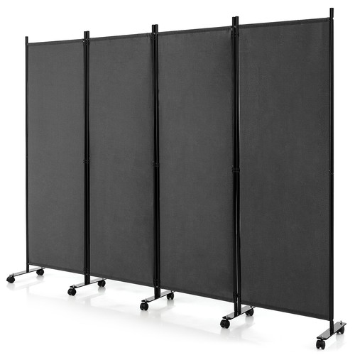 4-Panel Folding Room Divider 6' Rolling Privacy Screen w/ Lockable Wheels Grey