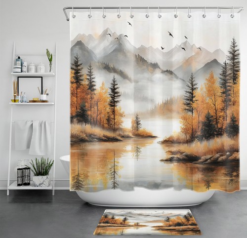 Mountain Nature Landscape Forest Fall Shower Curtain Bathroom Accessories Set - Picture 19 of 25