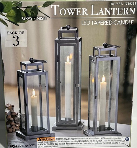 Evergreen Tower Lantern Led Tapered Candle, 3-Pack Gray color with remote NEW