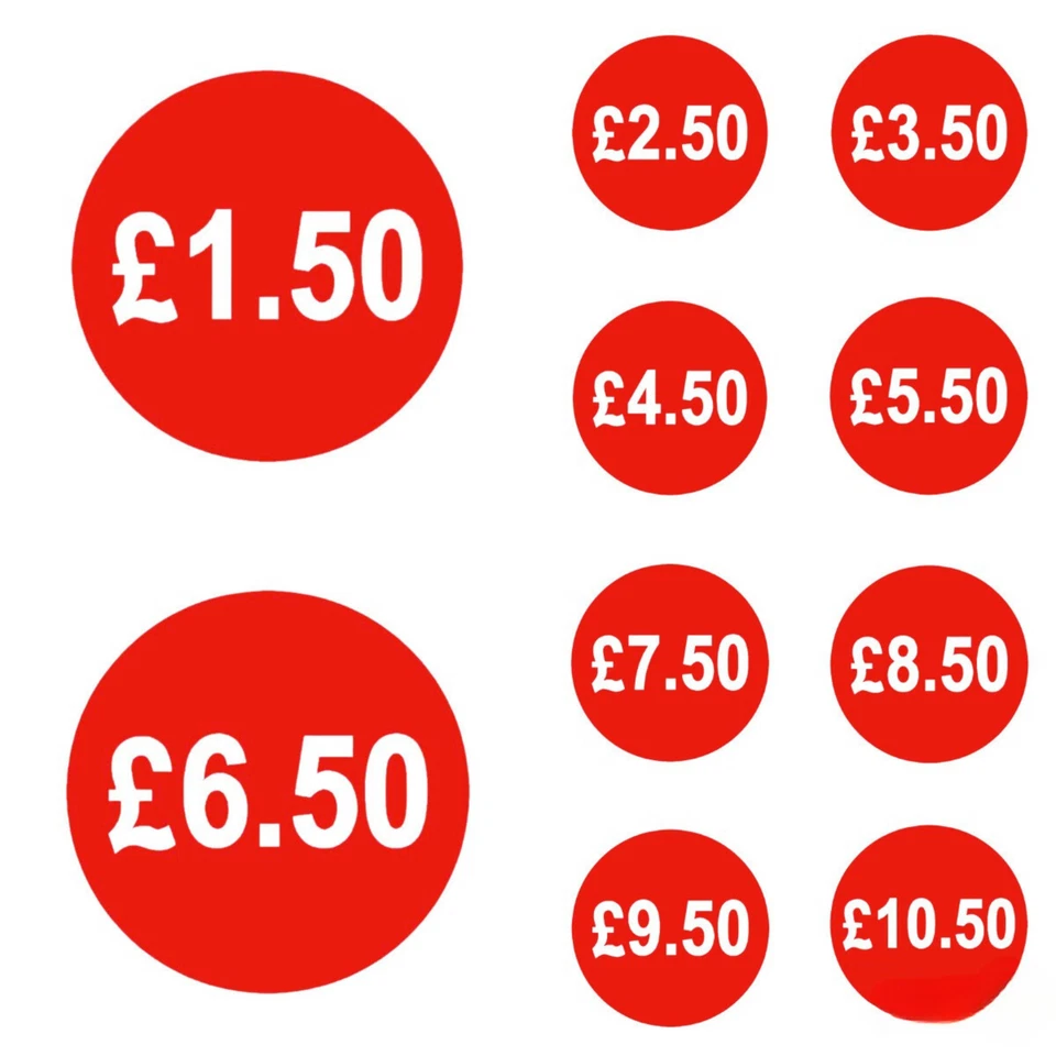 LINCE DISPLAY LIMITED 500x Red Price Stickers 45mm £1.50-£10.50 Self Adhesive, Peel Off, No Residue