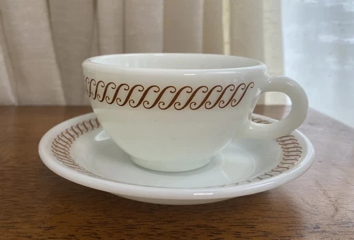 Pyrex Tableware Diner Restaurant Milk Glass Scroll Coffee Mug Tea Cup And Saucer