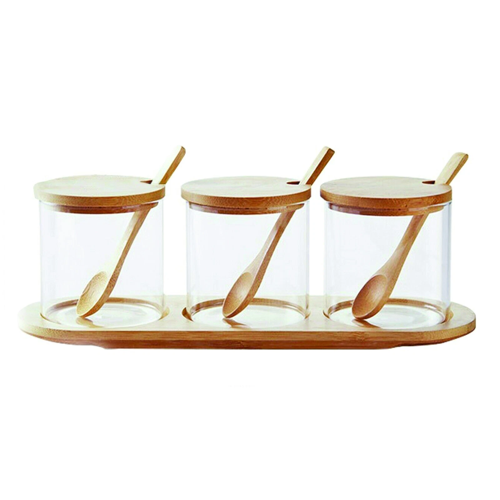 Set of 3 clear Glass jars with Natural Bamboo lid Spoon Spice Tea Coffee Sugar