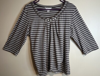 Christopher & Banks Women's Top Heather Brown and White Stripes XL