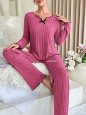 Sleepwear Ribbed Pajamas Set Long Sleeve Top and Long Pants 2 Piece Set Casual