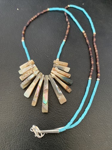 Blue Turquoise & Pava Shell Heishi Navajo Sterling Silver Necklace 01689 - Picture 9 of 12