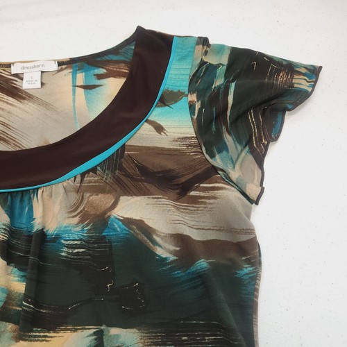 Dressbarn Womens Top Size L Large Stretch Brown Multicolor Print Blouse - Picture 4 of 7