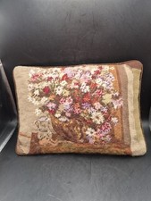 Vintage Pillow Floral Arrangement Needlepoint Trimmed In Velvet Brown 15x10
