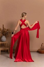 Red Low Back Gown Sleeveless Satin Flowy Convertible Elastic Waist Dress