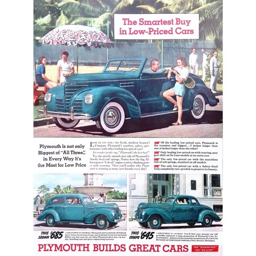 1939 Plymouth Car Print Ad Smartest Buy in Low-Priced Cars 10”x14”