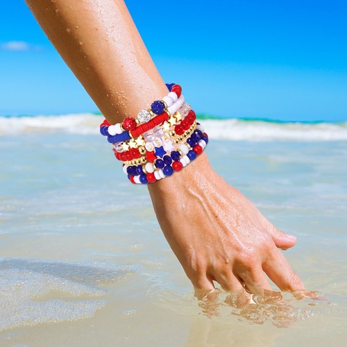 4th of July Bracelets Red White Blue Bracelets American Flag USA Clay Beaded Bra - Picture 4 of 7
