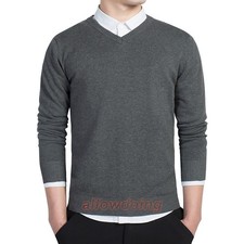 Men Slim Knitted Sweaters Cotton Blouse Long Sleeve Basic V-Neck Fit Soft Warm