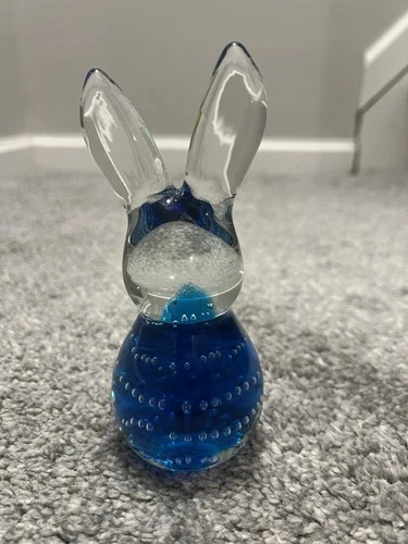 Vintage Clear Blue Blenko Art Glass Rabbit Bunny Paperweight