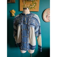 Vintage Norwegian Wool Cardigan Blue & White Nordic Sweater with Pewter Clasps 