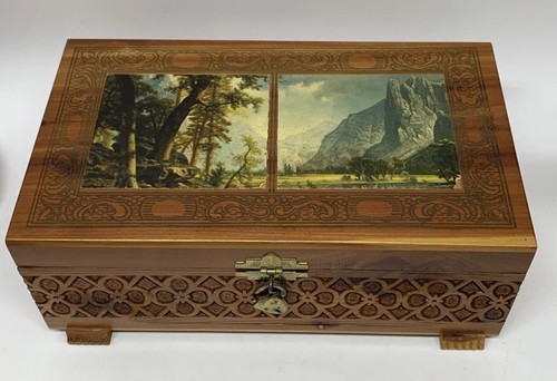 VTG Albert Bierstadt Yosemite Wood Jewelry Box Decoupage Scenes w/Org Lock - Picture 1 of 12