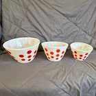 Vintage Fire-King Oven Ware Milk Glass Red Polka Dot Mixing Bowl Set, 3-Piece