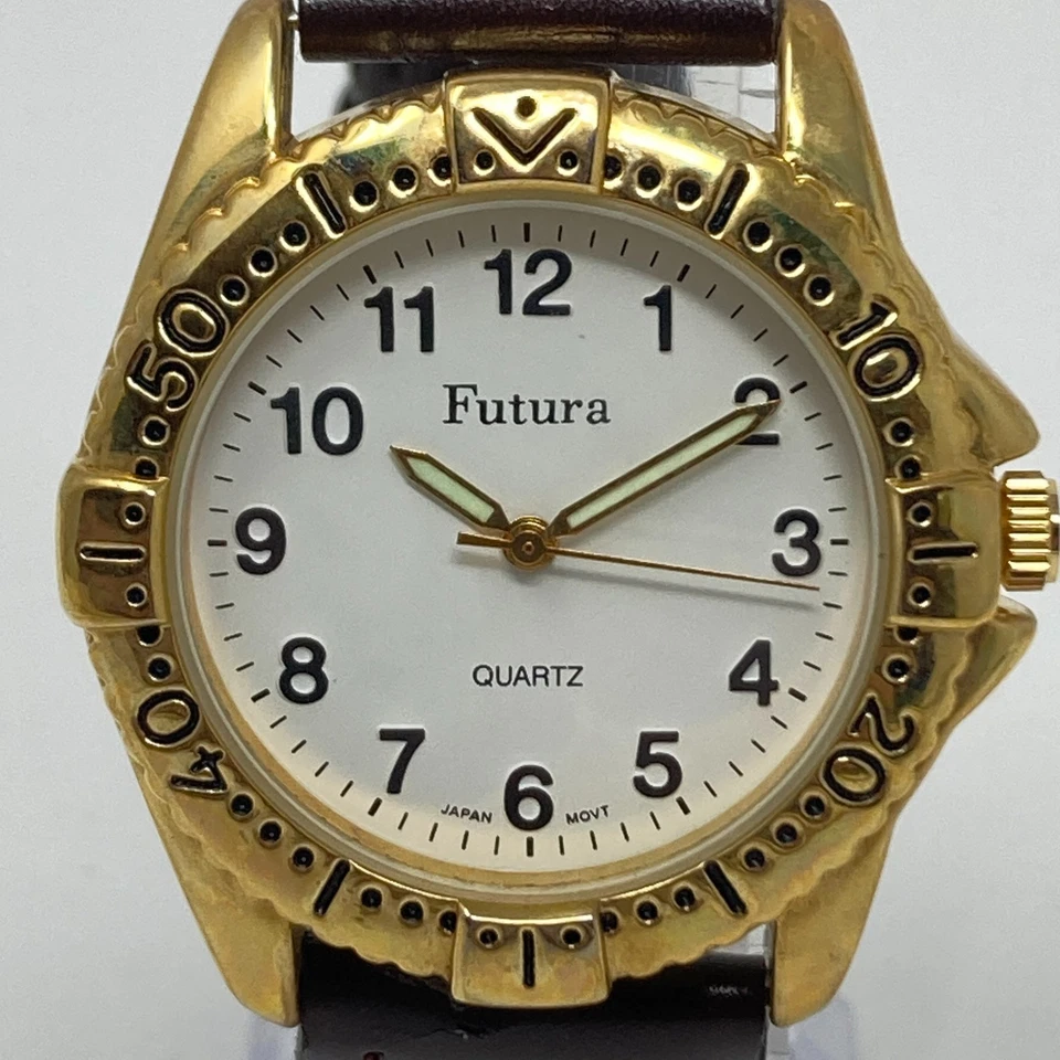 Reloj Futura Hombre 39mm Tono Dorado Marrón Trenzado Imitación Cuero Correa Nueva Batería 9" Foto 3 de 4