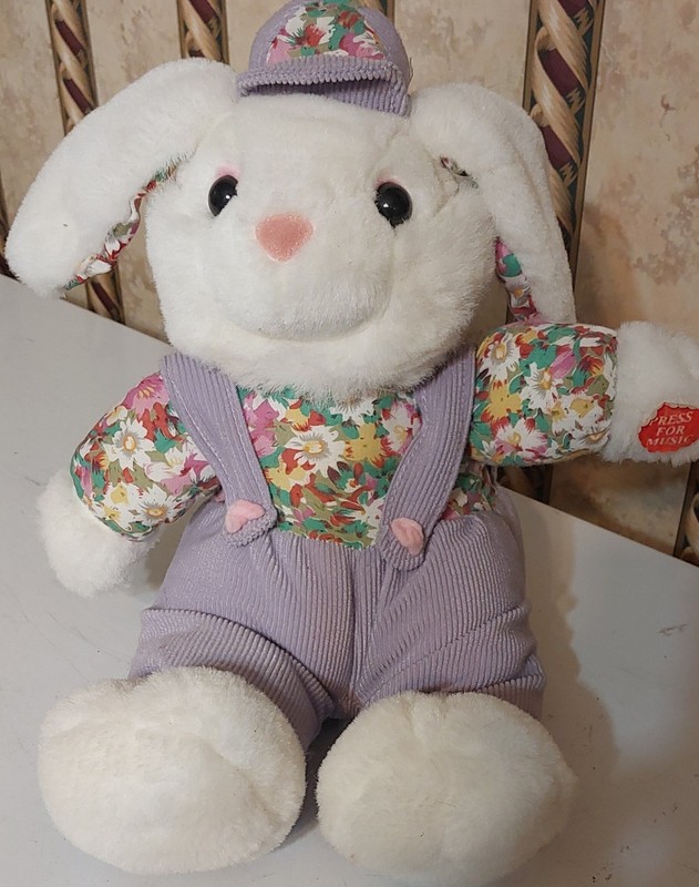 Easter Pets Brand 1990's Vintage Easter Bunny Plush With Overalls.   Still Moves