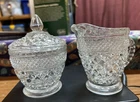 Vintage Sugar & Creamer Set W/ Lid Anchor Hocking Wexford CUT GLASS