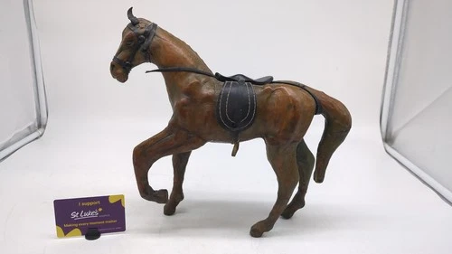 Vintage Leather Horse Figurine Brown Equestrian Saddle Bridle Ornament H3.2