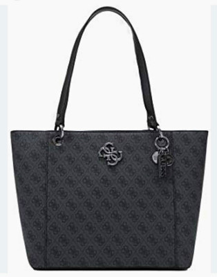 GUESS Black Gray Monogram Zip Top Tote Shoulder Bag w/ Charm