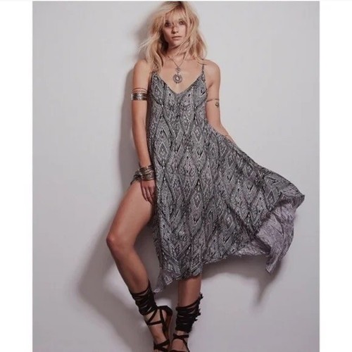 NWOT Free People Black & White Boho Printed Asymmetrical Flowy Midi Slip Dress - Picture 15 of 18
