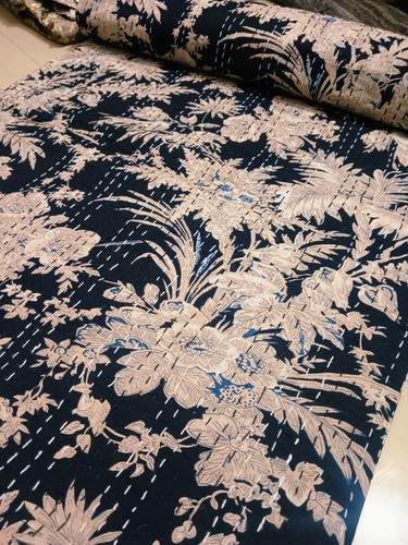 Indian Black Handmade Quilt Cotton Floral Kantha King Size Bedspread Blanket Art - Picture 3 of 13