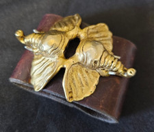 Vtg 2 Face Elephant Heads Statement Bracelet Brass Brown Leather Band Luck RARE