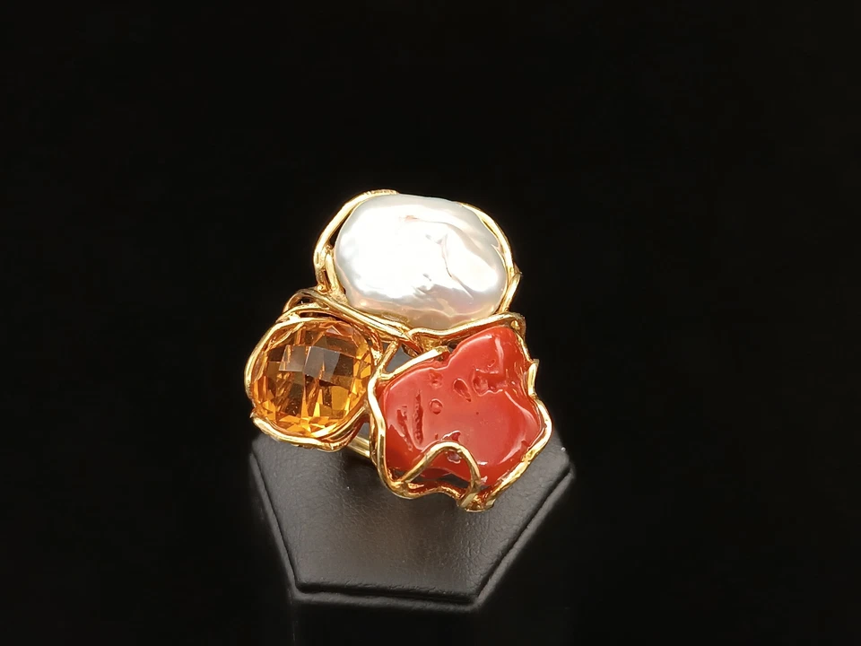 anello donna vero corallo rosso perla akoya bianca quarzo argento 925 regolabile - Immagine 4 di 4