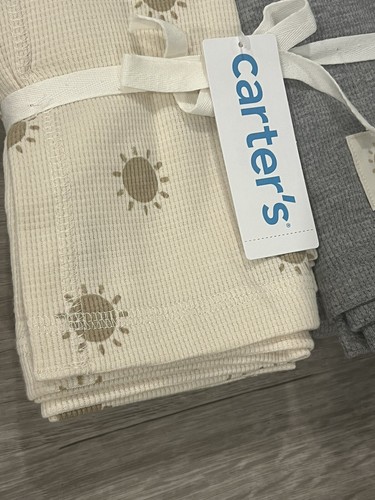 CARTERS Thermal Baby Blanket Set Gray And Tan Sun Soft Cotton 2 Piece New - Picture 4 of 6