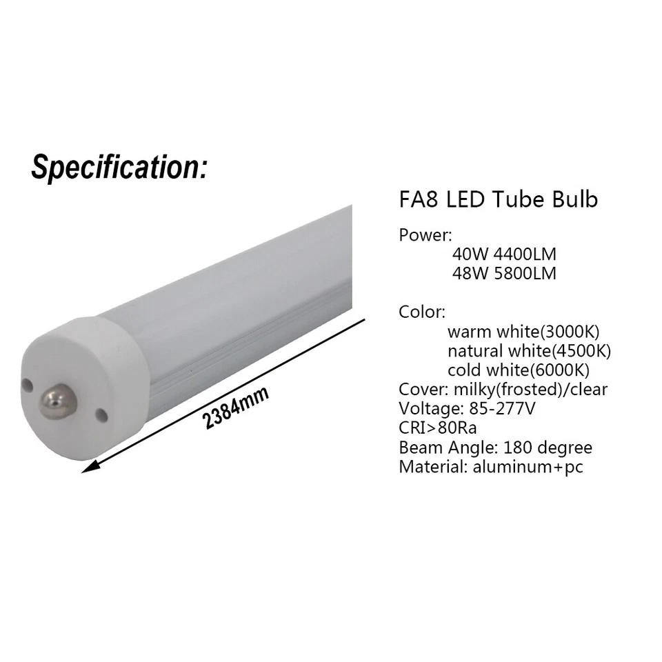 LED Tube Light 8ft, 2.4m 48W F96 Bulb Single pin FA8 R17D(HO) bar lamp 110V-277V - Image 2 of 4