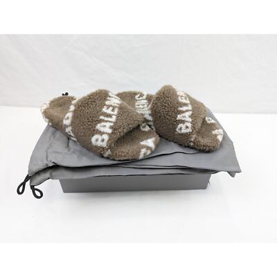 Balenciaga All Over Logo Furry Slides in Dark Mink Grey/White BNWB