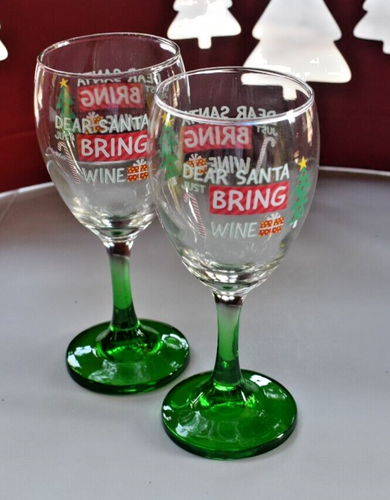 2 ~ CHRISTMAS WINE GLASSSES "Dear Santa Just Bring Wine" Green Stem Novelty - Picture 6 of 7