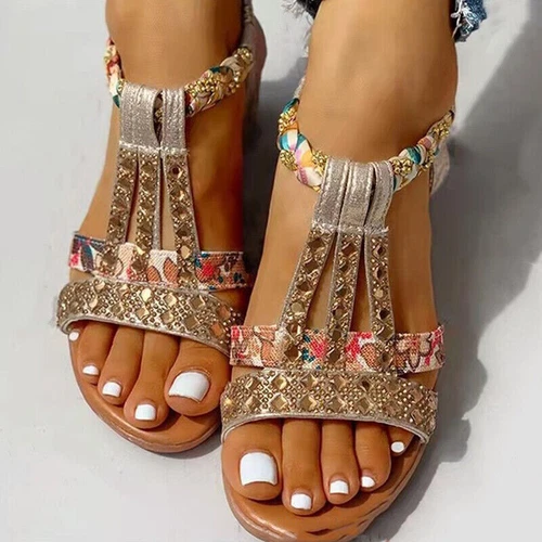 Womens Comfy Strappy Sandals Elastic Ladies Summer Open Toes Bling Shoes Size - Picture 16 of 19