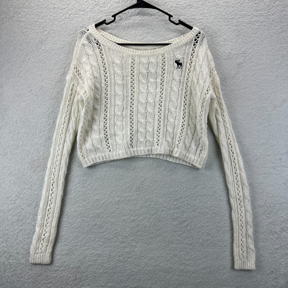 Abercrombie Fitch Women's White Open-Knit Long Sleeve Cropped Sweater  Size XS
