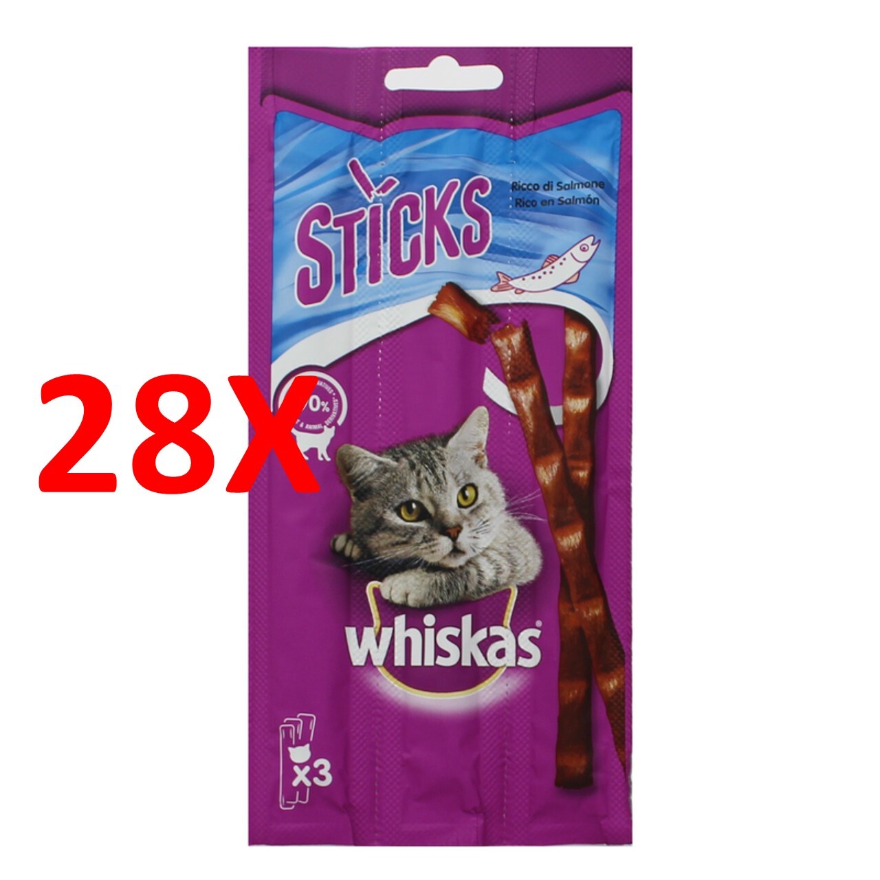 28 X Whiskas Sticks Con Salmone Busta 3 Pezzi